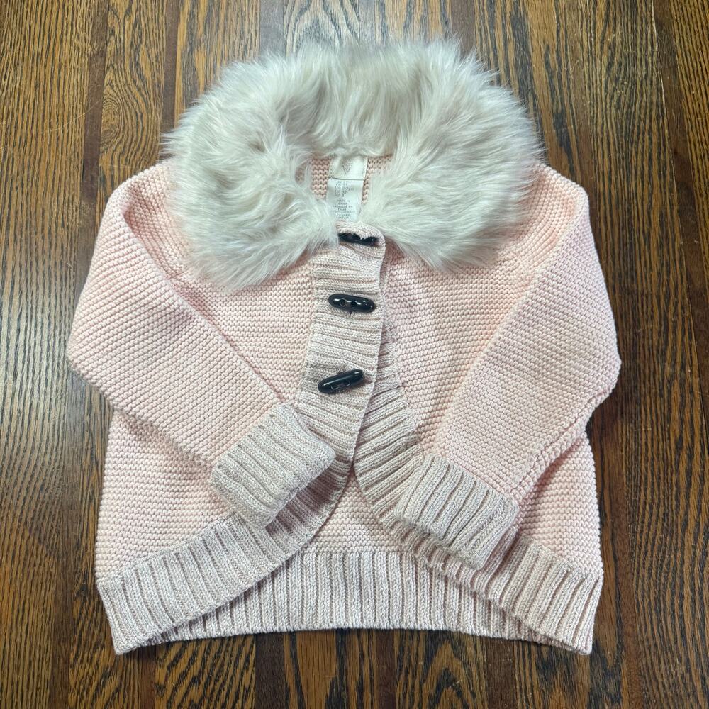 Pink Knit Cardigan with White Faux Fur Collar Cropped Button Up Sweater Size 3T